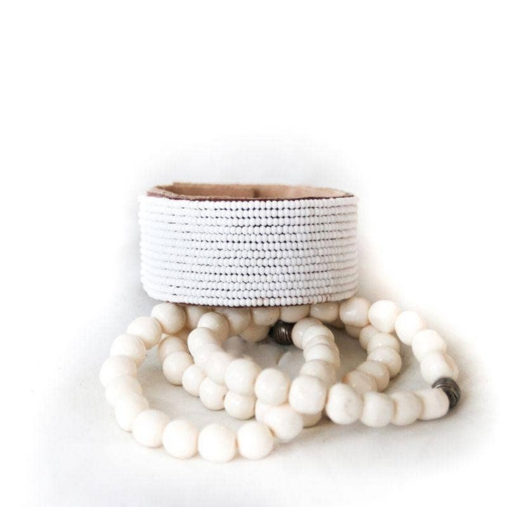 White beaded wide bracelet